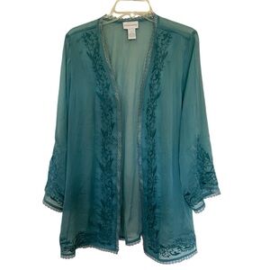 Soft Surroundings blue green sheer embroidered open front cardigan size large
